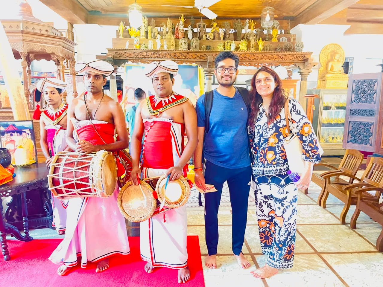 Traditional Kandyan drummers welcoming travellers at a temple in Kandy